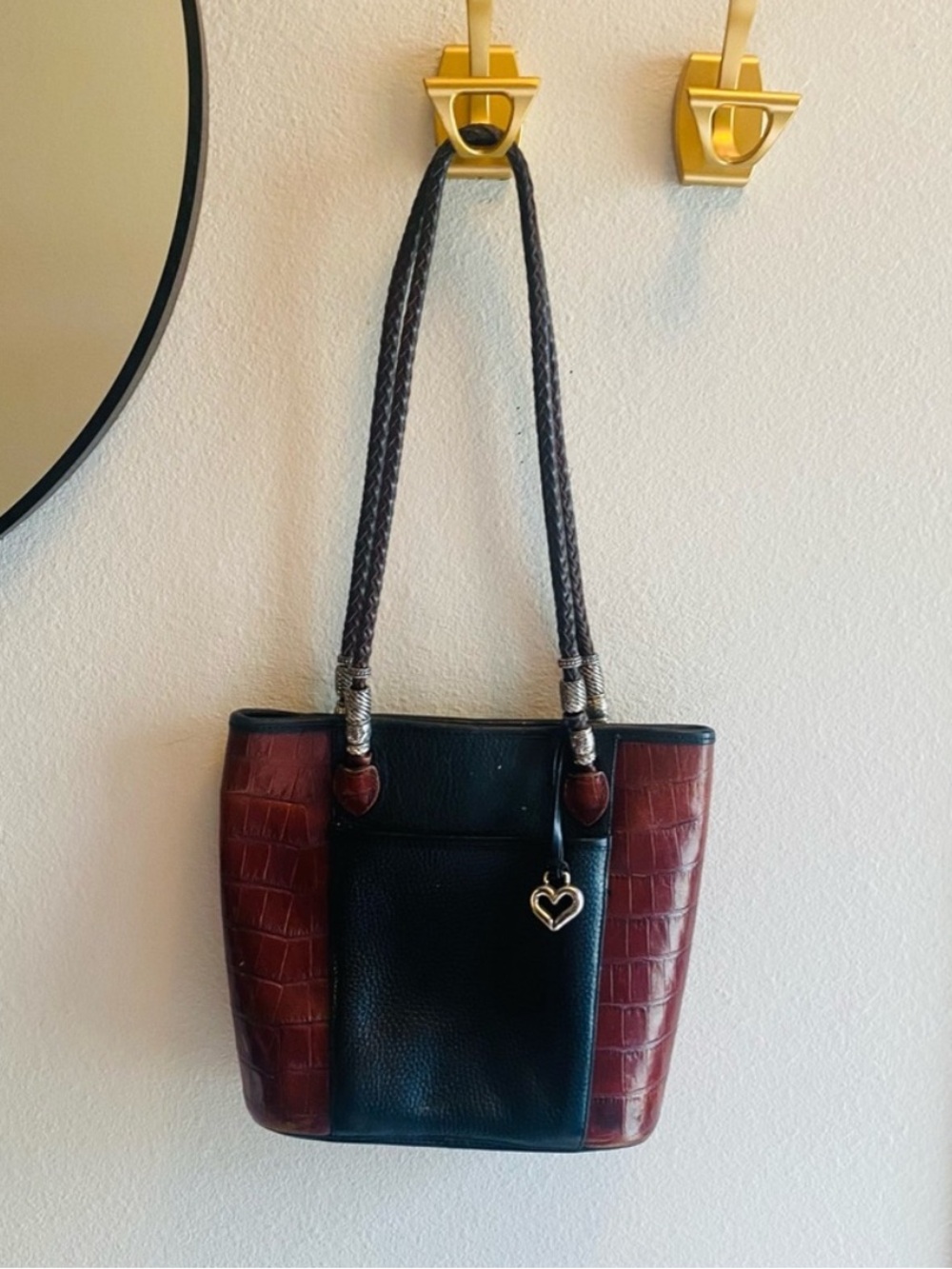 1996 Brighton Melanie Heart Bucket Black & Brown Bag 11” X 9.5” X 4”